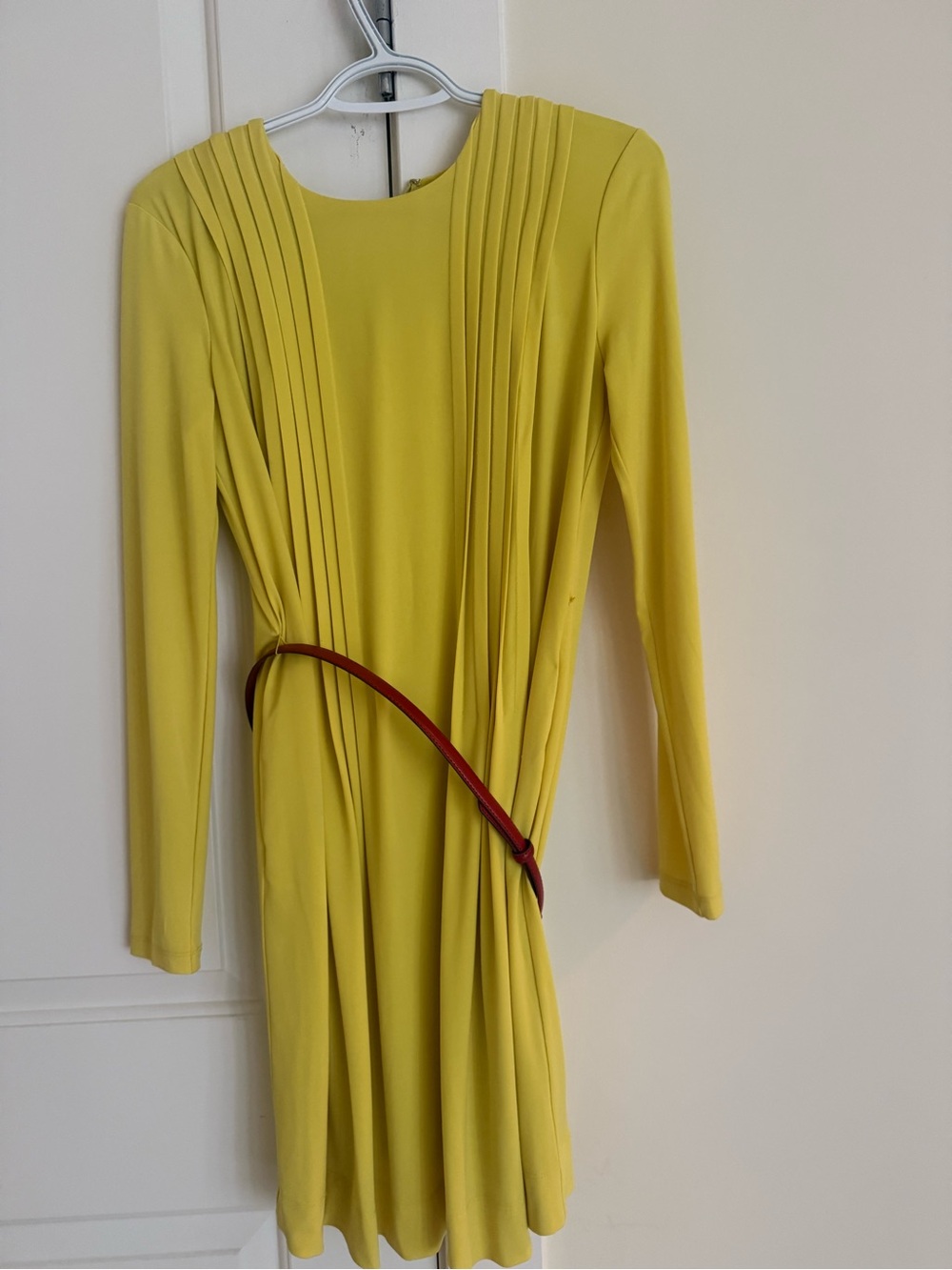 Calvin Klein Lemon Yellow Pleated Long-Sleeve Dress